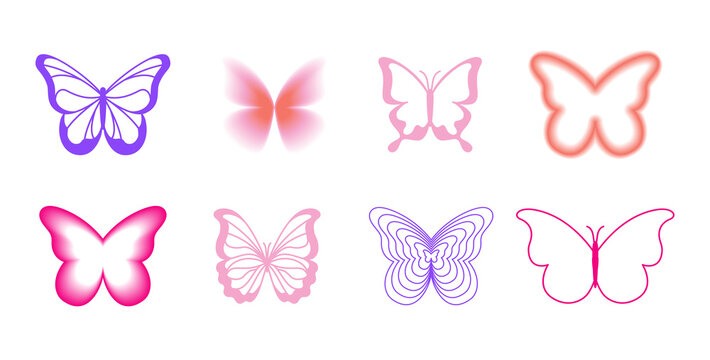 Png set of design elements and illustrations in simple minimalist linear style - self care and love, prints and posters in y2k style, butterflies