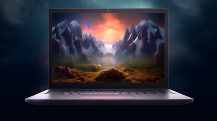 Gaming laptop with nature mountain view screen wallpaper, ai generated