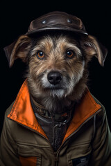 Little dog with jacket and hat posing