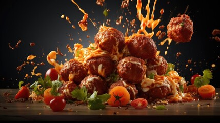 Naklejka na ściany i meble meatballs with melted tomato sauce on a bowl with a black background and blur