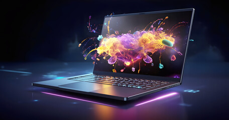 Glowing gaming laptop with explosive 3D effects wallpaper, ai generated