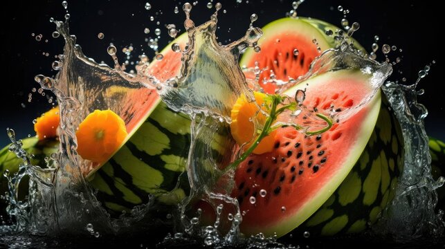 fresh cut water melon splashed with black background and blur