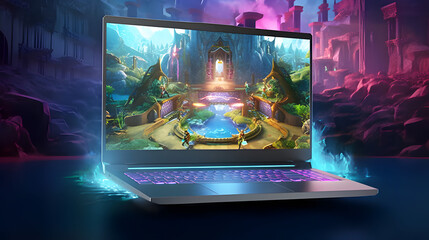 Glowing gaming laptop with ice 3D effects and kingdom background wallpaper, ai generated