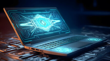 Glowing gaming laptop in dungeon wallpaper, ai generated
