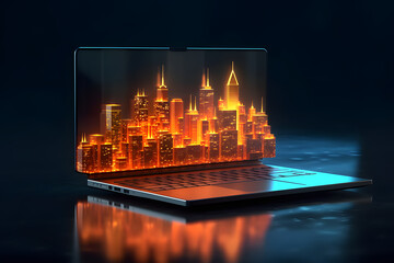 Glowing screen gaming laptop with city 3D effects wallpaper, ai generated