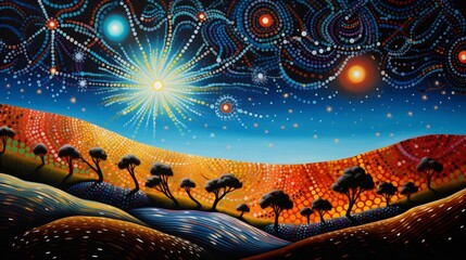 Generative AI : Skies of Colorful Tradition: Aboriginal Circle and Dot Painting