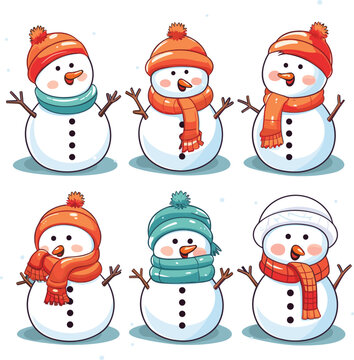 Cheerful snowmen in different costumes, set of snowmen,  vector illustration, isolated on white background.