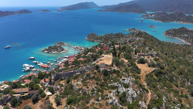 Simena castle in Kalekoy Village, one of strongest structures of the district, has been the center of civilization for many years since it located in a strategic region. Aerials at Antalya in Turkey
