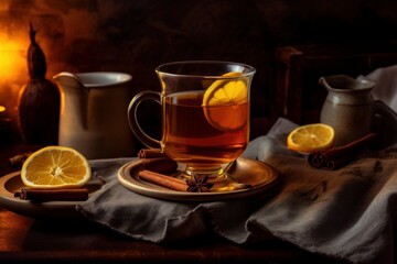Illustration of a cup of tea with lemon and cinnamon on a plate, created using generative AI