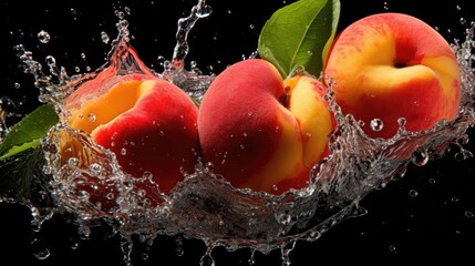 flying fresh peaches hit by water splash on black background and blur
