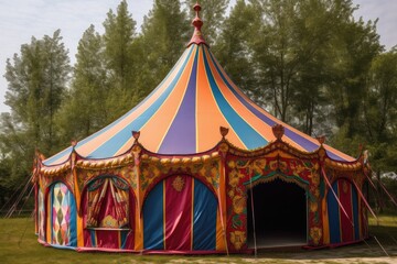 Large colorful circus tent at the fairground, summer festival.