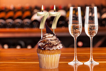 Cupcake With Numbers And Glasses With Wine For Birthday Or Anniversary