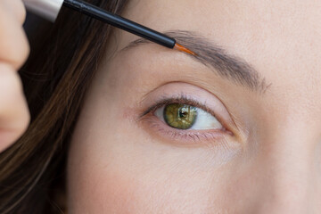 Cosmetic eyebrow growth oil is applied to a woman's eyebrow close-up. Eyebrow treatment