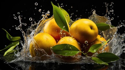 Fototapeta na wymiar fresh yellow mangoes splashed with water on black and blurred background