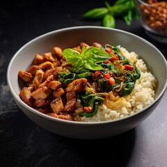 Generative AI : Flavorful Thai Basil Stir-Fry: Aromatic Asian Delight with Minced Turkey and Fresh Herbs, Exotic and Easy Homemade Cuisine