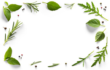 frame / border PNG Food design element. Spices and herbs with real transparent shadow on transparent background. Variety of spices and mediterranean herbs. - 628063738