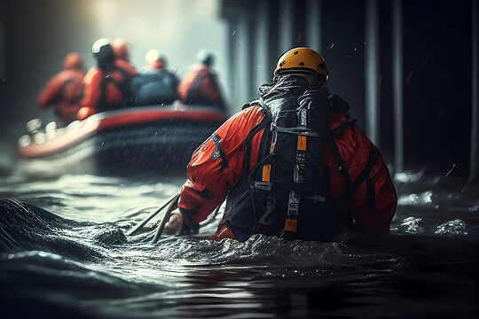 Rescuers search for people in the floods. Generative ai design.