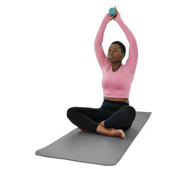 Black African woman fitness workout, dumbbells and yoga mat, transparent background