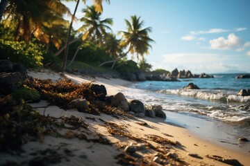Fototapeta na wymiar Summer, Beach Background Cardpostal Designs. Background with Beach, Sand, Summer vibes and natural tones.