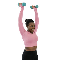 Black African woman exercising weighted dumbbell workout on transparent background