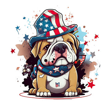 A playful English bulldog American flag day t-shirt design, the bulldog wearing sunglasses and a top hat, holding a sparkler in its mouth, Generative Ai