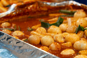 Delicious Korean cuisine Tteokbokki, spicy rice cake in market, street food.