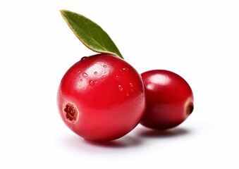 Two red cranberries with leaf on white background.Macro.AI Generative