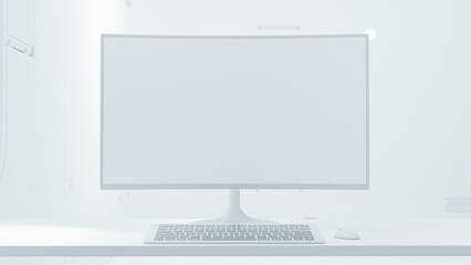 Computer Mock-Up white color on work desk in laboratory white room. Designed in minimal concept. Can be used in education or business background. 3d render.