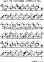 Find mirrored row visual puzzle and coloring page with candies. Answer included.
