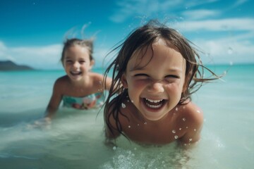 Fototapeta na wymiar Generative AI : Beach Fun: Happy Little Girls Playfully Splashing in Refreshing Waters