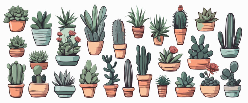 Indoor various green potted plants flowers and cactus set , flat simple vector illustration isolated on pastel background © Евгений Гончаров