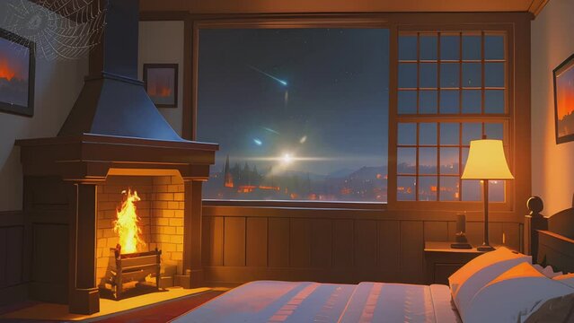 bedroom setting with mattress, window, lamp, fireplace and cobwebs. Cartoon or anime illustration style. seamless looping 4K time-lapse virtual video animation background.