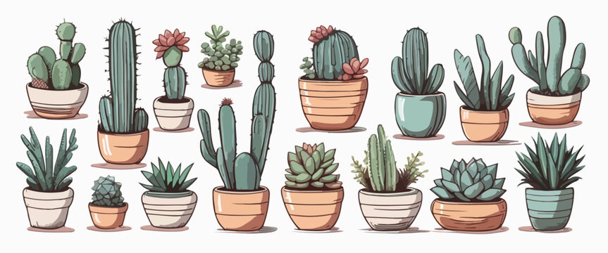 Indoor various green potted plants flowers and cactus set , flat simple vector illustration isolated on pastel background © Евгений Гончаров