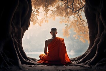A Buddhist monk in deep meditation under the sacred Bodhi tree, showcasing spirituality, inner peace, and the pursuit of enlightenment