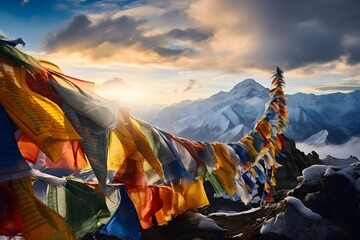 Colorful Buddhist prayer flags fluttering in the wind against the backdrop of the majestic Himalayas, symbolizing peace, compassion, and wisdom - obrazy, fototapety, plakaty