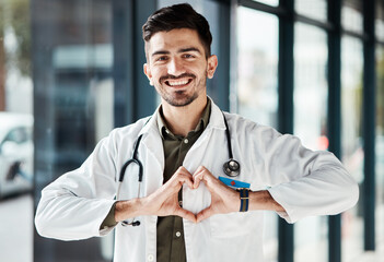 Happy portrait man, doctor and heart hands for healthcare love, medical service trust and hospital...