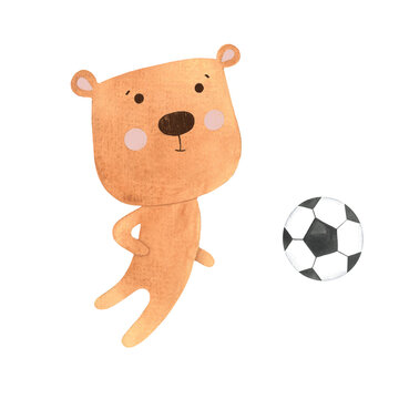 cubs play football, cute bears play ball, outdoor sports games painted with watercolors, outdoor physical education