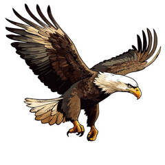 flying Bald Eagle, Illustration, Vector Graphic, realistic comic Style, no Background