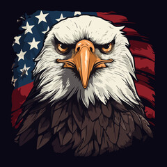 bald eagle portrait with us Flag, realistic Illustration, Vector Graphic, comic Style