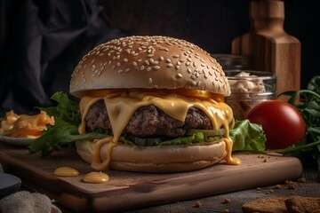 Cheeseburger with beef, melted cheese, sauce, and ingredients. Generative AI