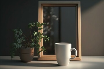 A mockup of an empty frame with coffee cup and plant in vase. Generative AI