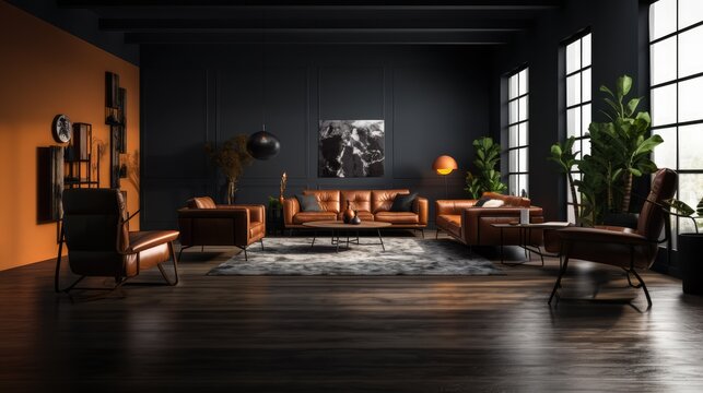 large living room with modern interior design with leather sofas and chairs for home against the background of a dark classic wall,  Generative AI