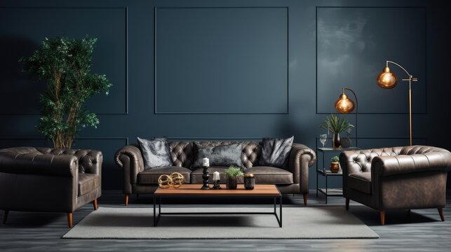 Naklejka large living room with modern interior design with leather sofas and chairs for home against the background of a dark classic wall,  Generative AI