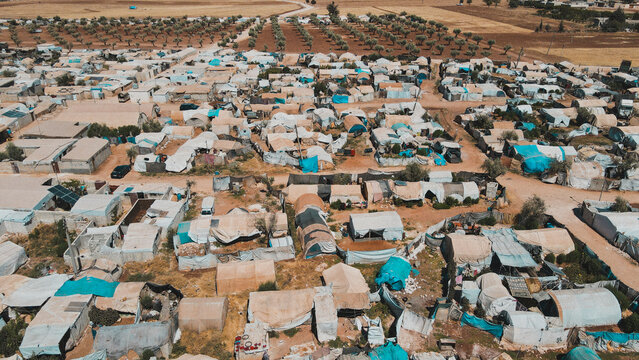 Aerial view of hundreds of tents inhabited by Syrian refugees for years due to the war that destroyed their homes.