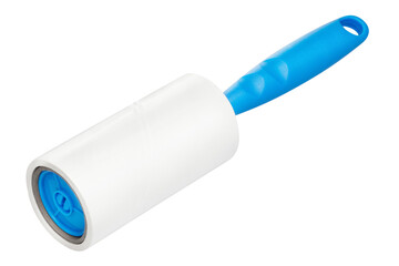 Sticky paper lint roller with a blue handle, cut out