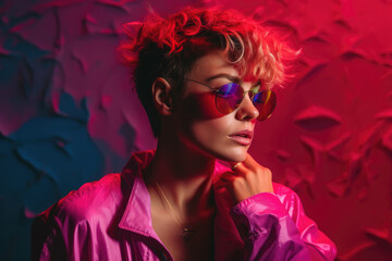 Obraz na płótnie Canvas A stylish and confident woman wears a bold pink jacket that pops against a colorful background. Generative AI, AI.