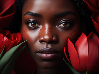 A pretty Afro-Amreyan woman with a wonderful look emerges from among the red tulips, flowers. Fashion and beauty concept. Generative Ai, Ai.