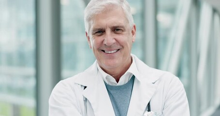 Face, senior doctor and man with arms crossed in hospital for healthcare, wellness and career. Medical professional, portrait and confident surgeon, happy or expert smile from Switzerland in clinic