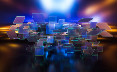 Abstract background, technology concept, 3D rendering, glass squares with colorful light emitter iridescent neon holographic gradient