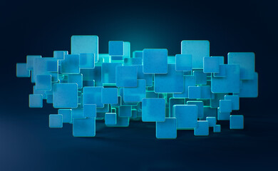 Abstract background, technology concept, 3D rendering, matte glass squares with blue light emitter